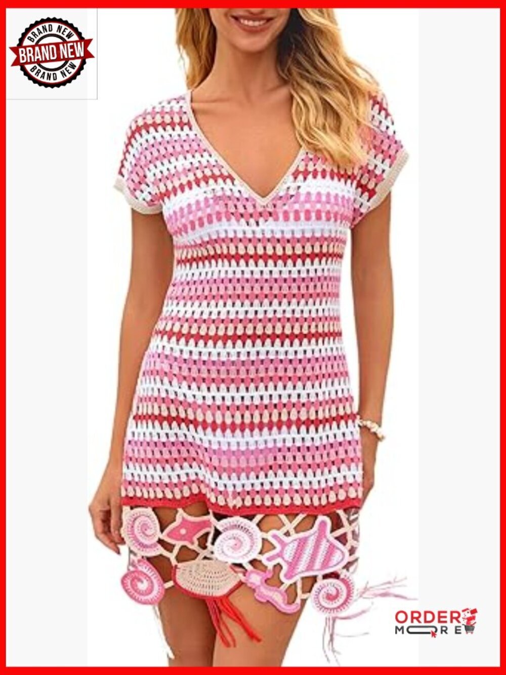 Crochet Beach Cover Up Dress, Boho Tassel Swimsuit Coverup with Ocean Embroidery